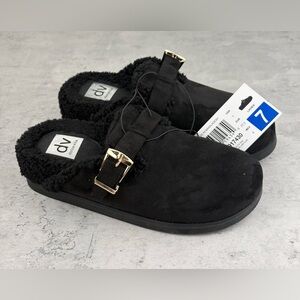 DV by Dolce Vita Black Faux Shearling Clog Mules with Gold Buckle